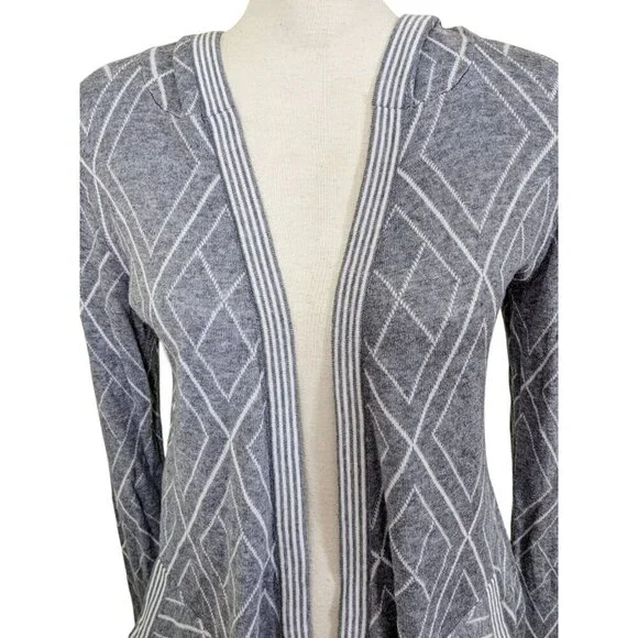 Belldini Open Front Hooded Cardigan Sweater Womens Size M Gray White Geo Print - Picture 3 of 8